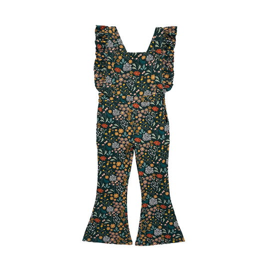 dark green romper with floral print on white background.