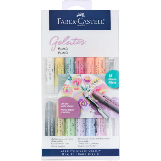 Faber-Castell Gelatos Pastels packaging with pastel colors and a brush on a white background