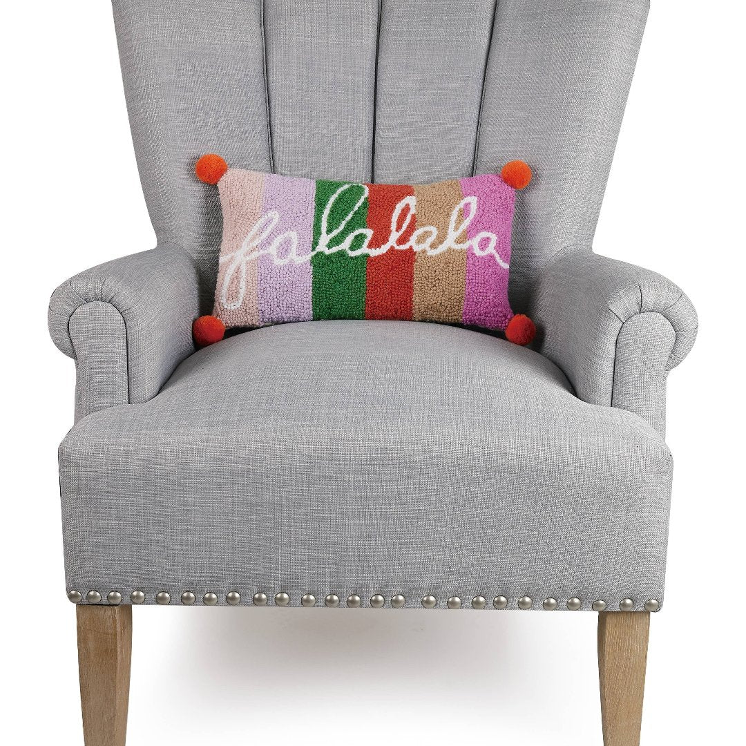 Multicolor pillow with falalala across front