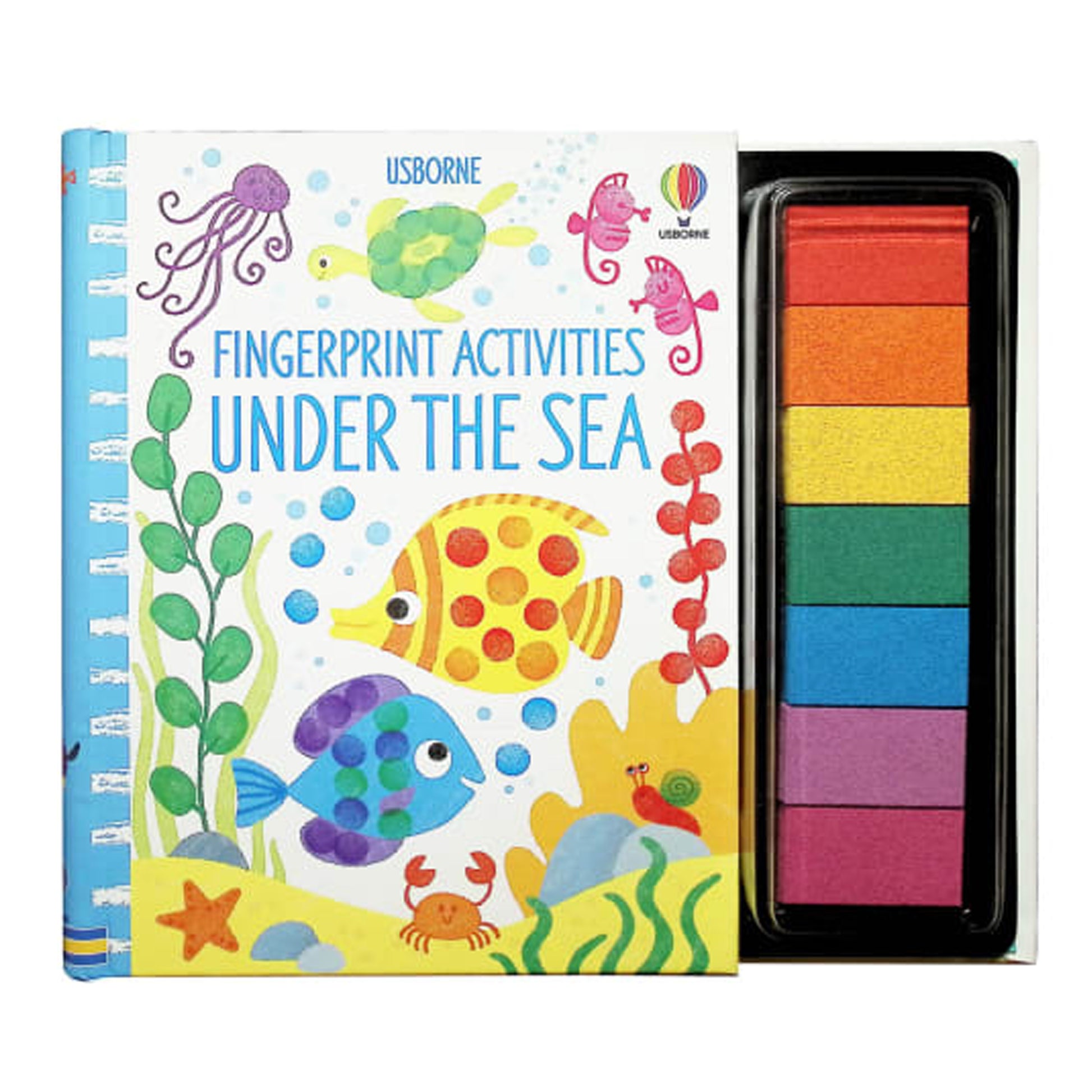 Children's activity book titled 'Fingerprint Activities Under the Sea' with colorful fish illustrations on a white background.