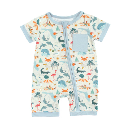 Soft and breathable bamboo shortie romper featuring a vibrant Florida-themed print, perfect for little ones to play and explore in comfort.