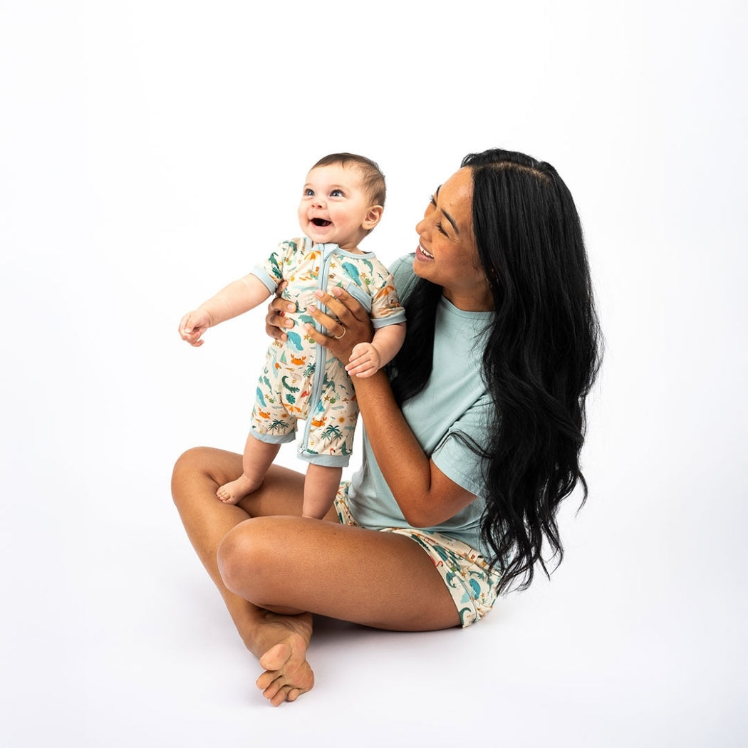 Soft and breathable bamboo shortie romper featuring a vibrant Florida-themed print, perfect for little ones to play and explore in comfort.