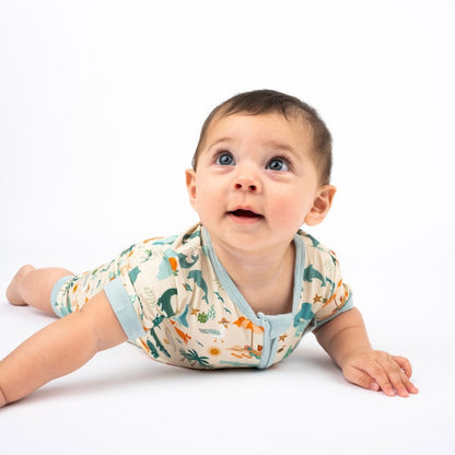 Soft and breathable bamboo shortie romper featuring a vibrant Florida-themed print, perfect for little ones to play and explore in comfort.