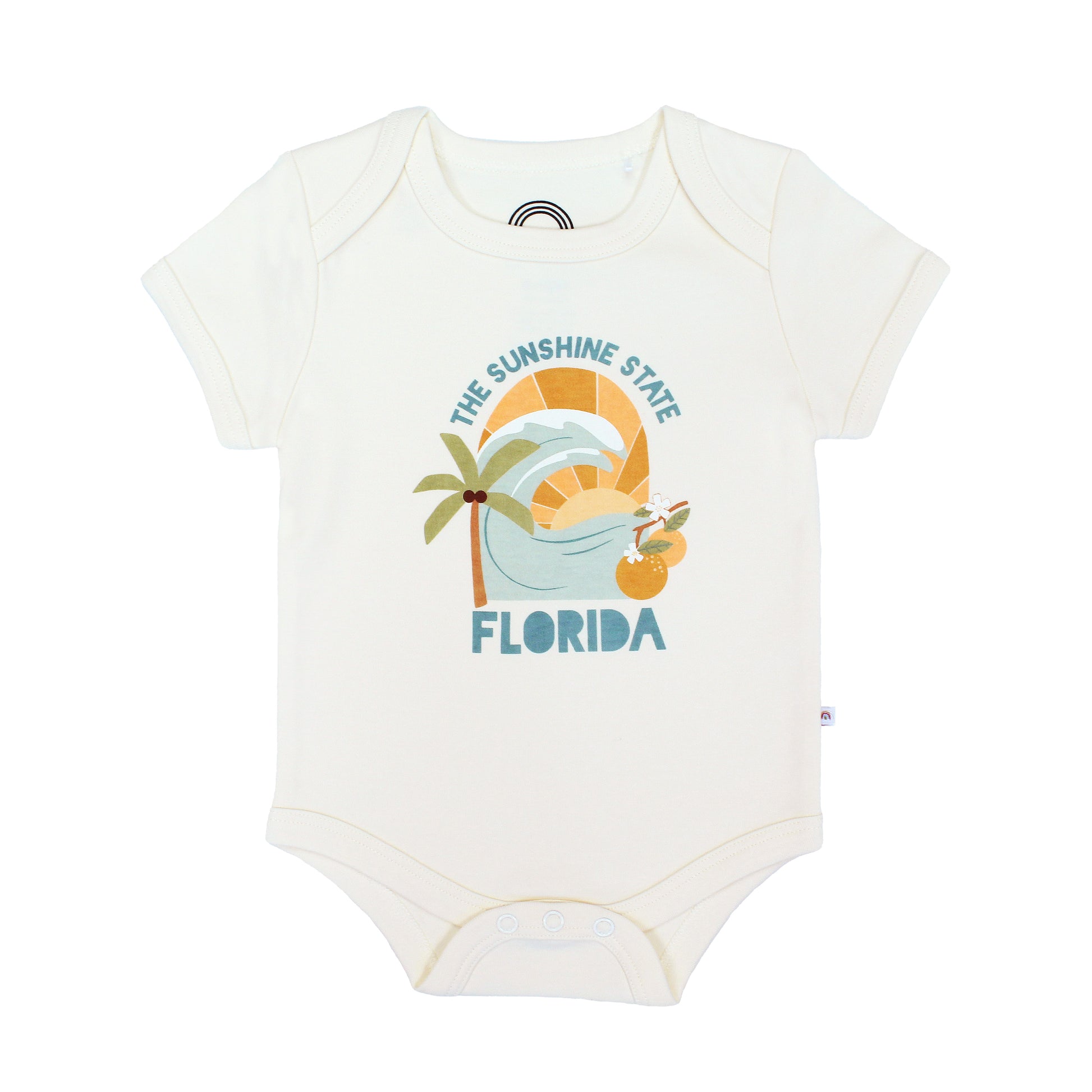 Florida Sunshine State baby onesie – soft & stretchy 100% cotton with unique vintage-inspired print, snap bottom, and fold-over shoulders for easy dressing.