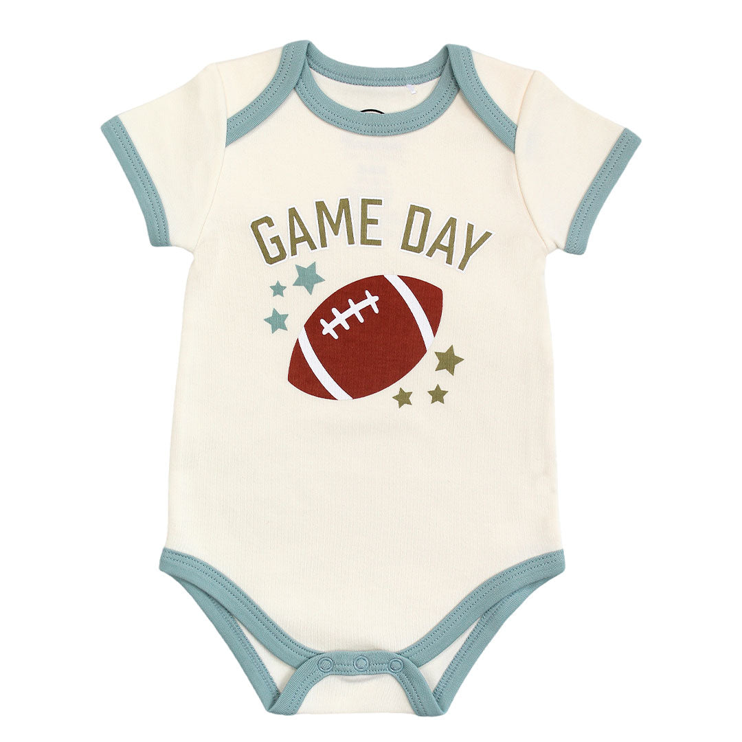 Baby bodysuit with 'Game Day' and football graphic on a white background