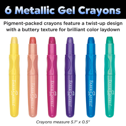 Six metallic gel crayons from Faber-Castell on a white background with product details.