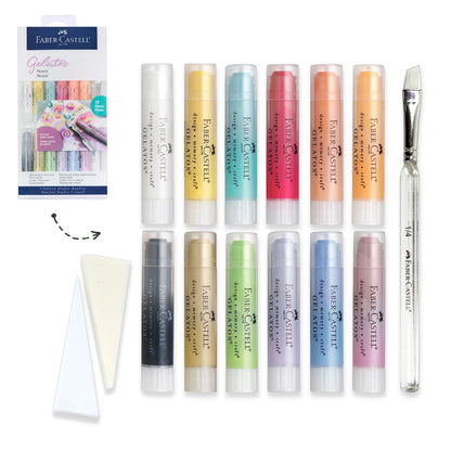 Faber-Castell gelatos with packaging and brush on a white background
