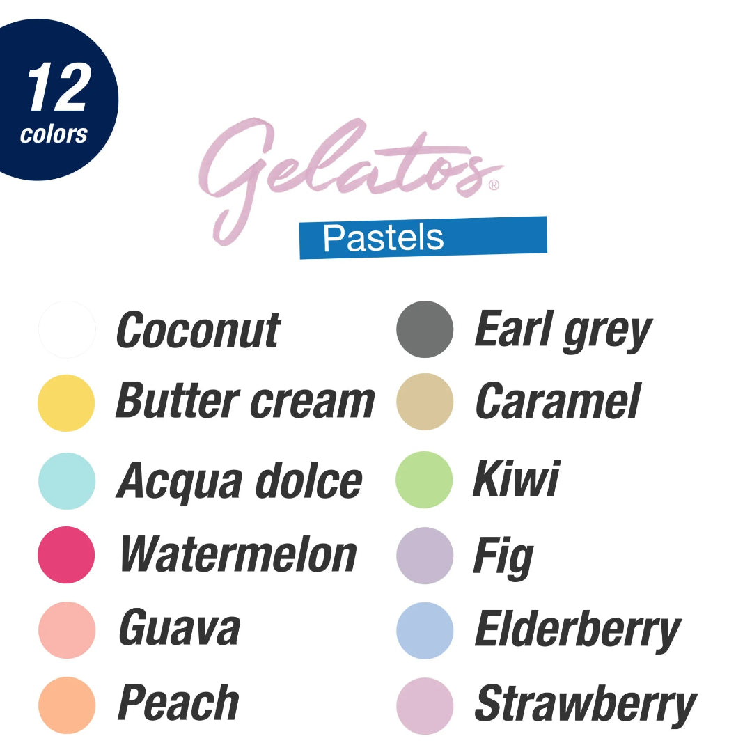 Color chart for pastel gelato flavors with corresponding text labels.