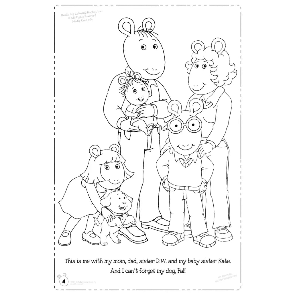 Inside of giant Arthur coloring book, a picture of arthur and his family 