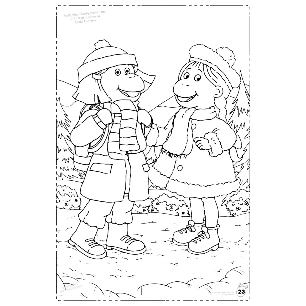 inside page of coloring book featuring 2 of arthurs friends out in the snow