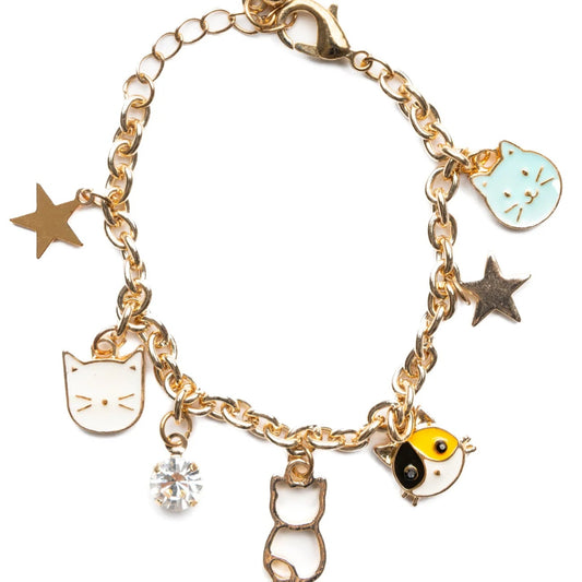 Gold charm bracelet featuring four types of multicolor cats charms and two gold star charms from Great Pretenders

