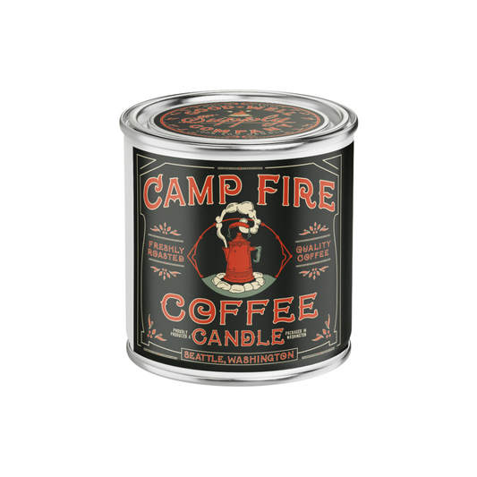 Camp Fire Coffee Candle can with black label on a white background