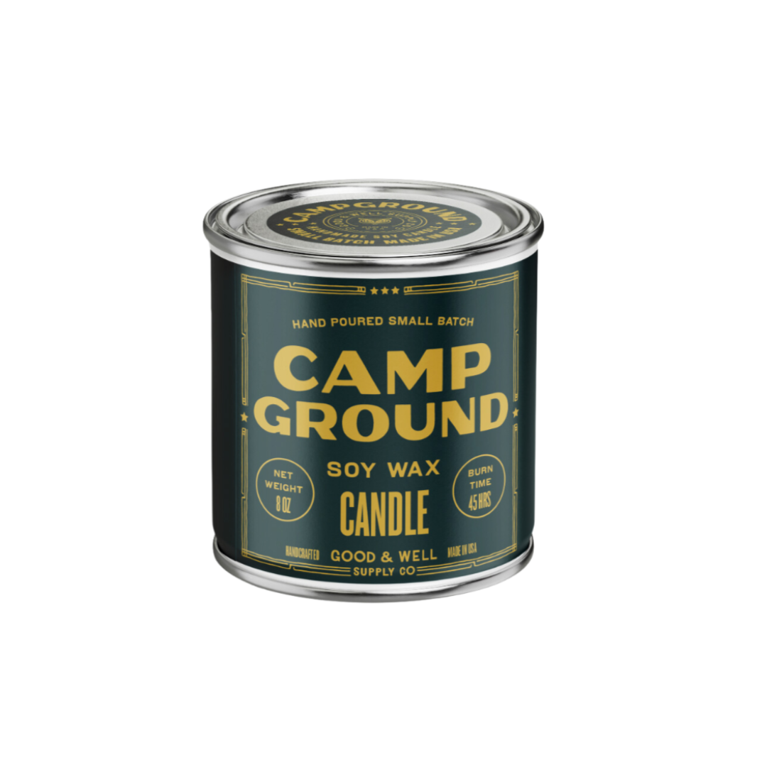 Camp Ground soy wax candle canister on a white background