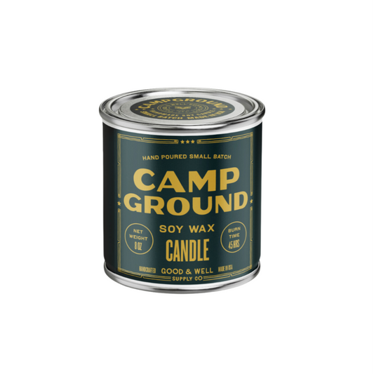 Camp Ground soy wax candle canister on a white background