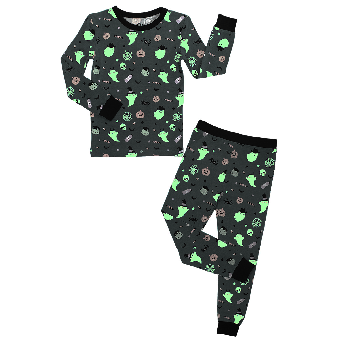 Boo Crew Glow-in-the-Dark Halloween Two-Piece Bamboo Long Sleeve Kids Pajama Pants Set