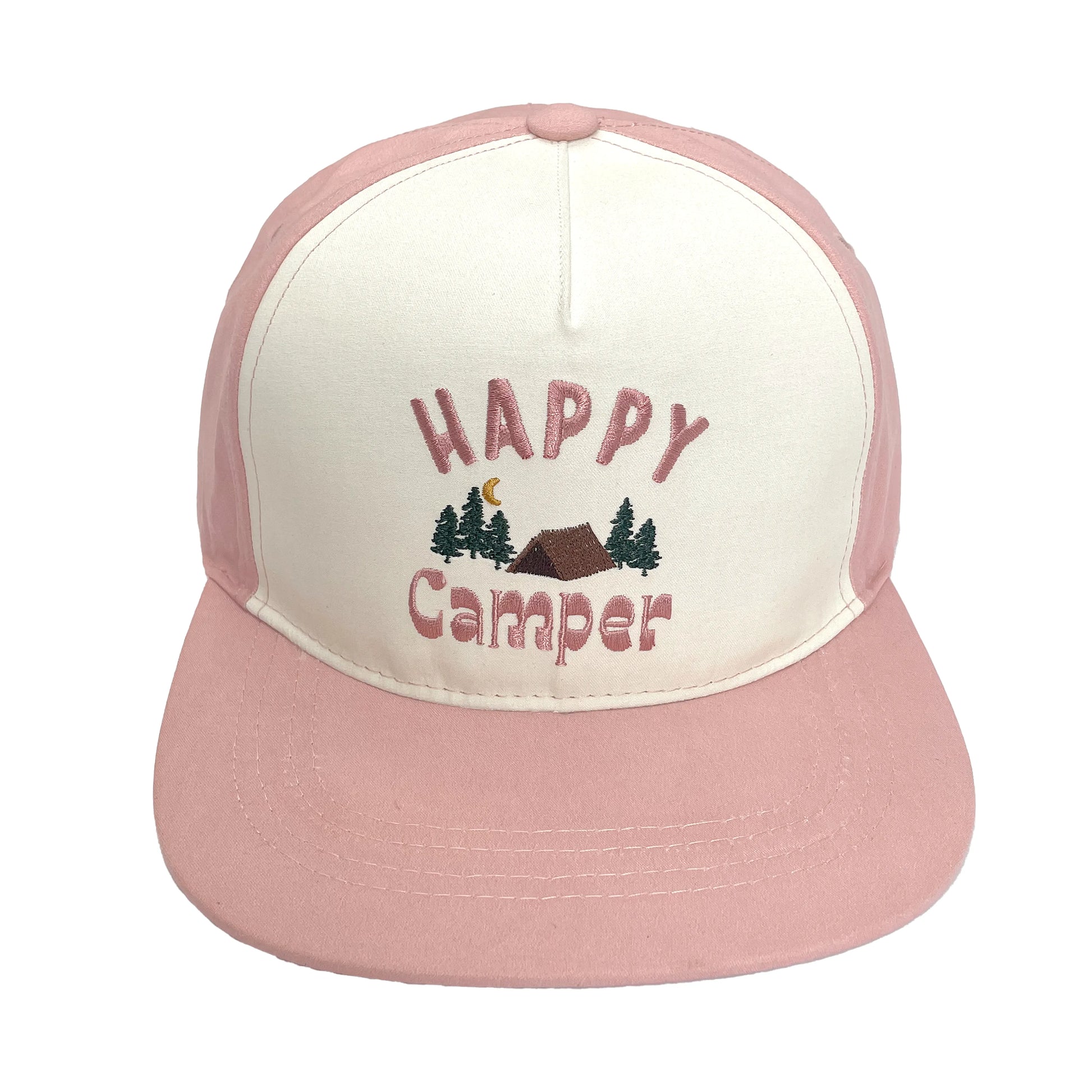 white and pink hat with camp graphic.