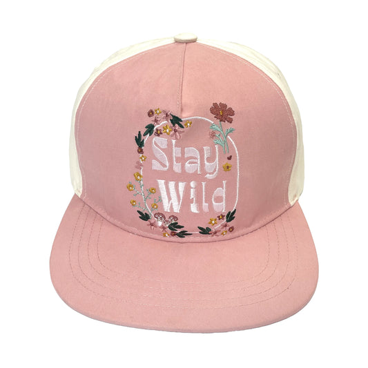 pink hat with words on front
