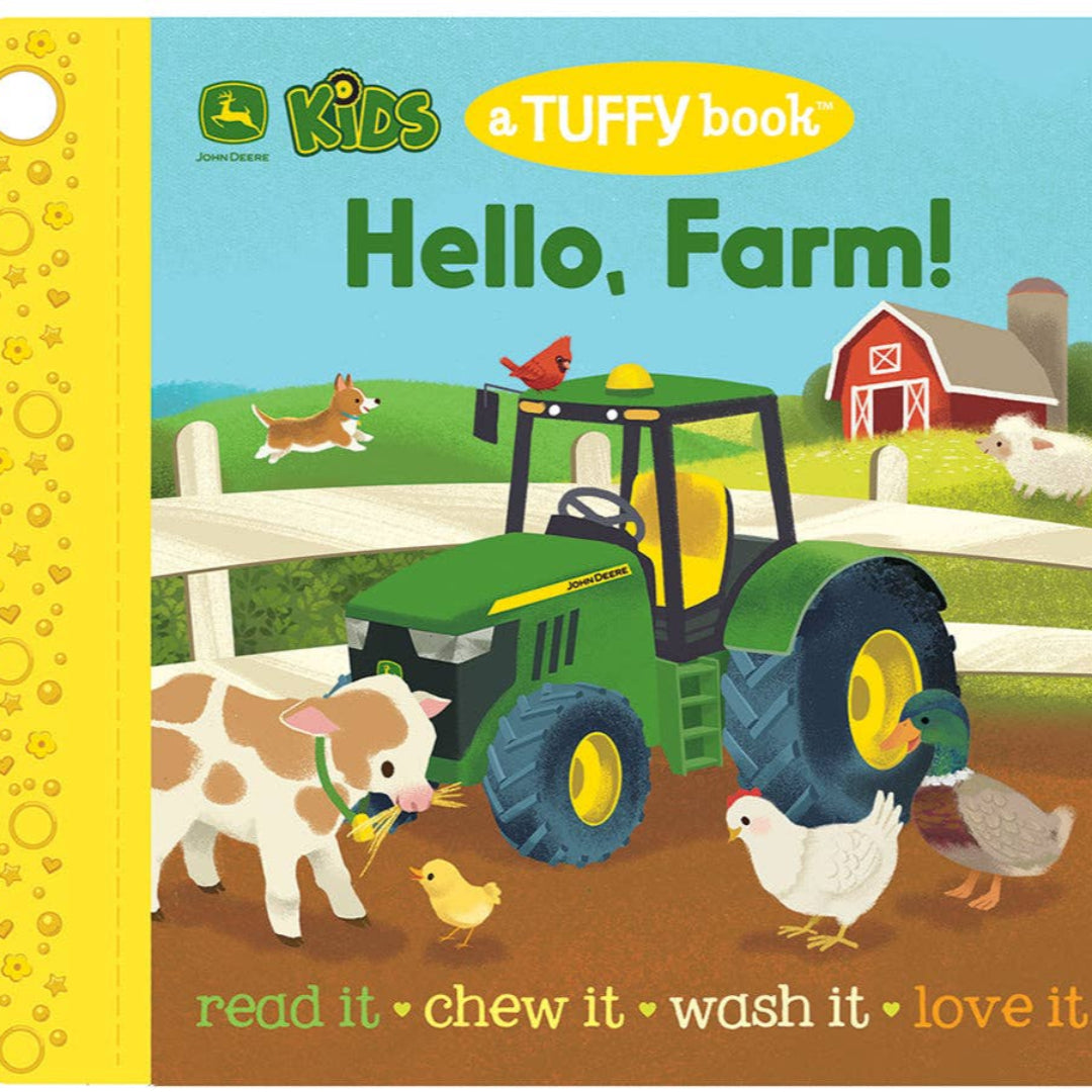 a book with a picture of a tractor on the farm with a barn in the background and a cow, chicken, duck, sheep, and dog on the cover