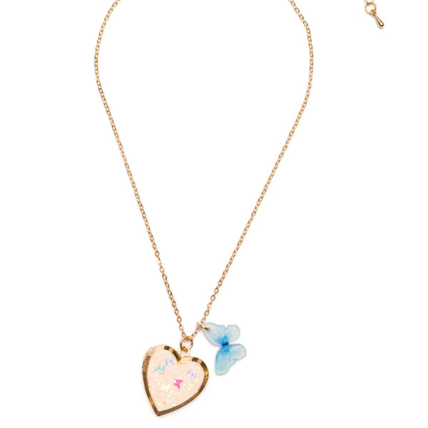 Gold necklace with a frosted heart locket and a blue frosted butterfly charm from Great Pretenders
