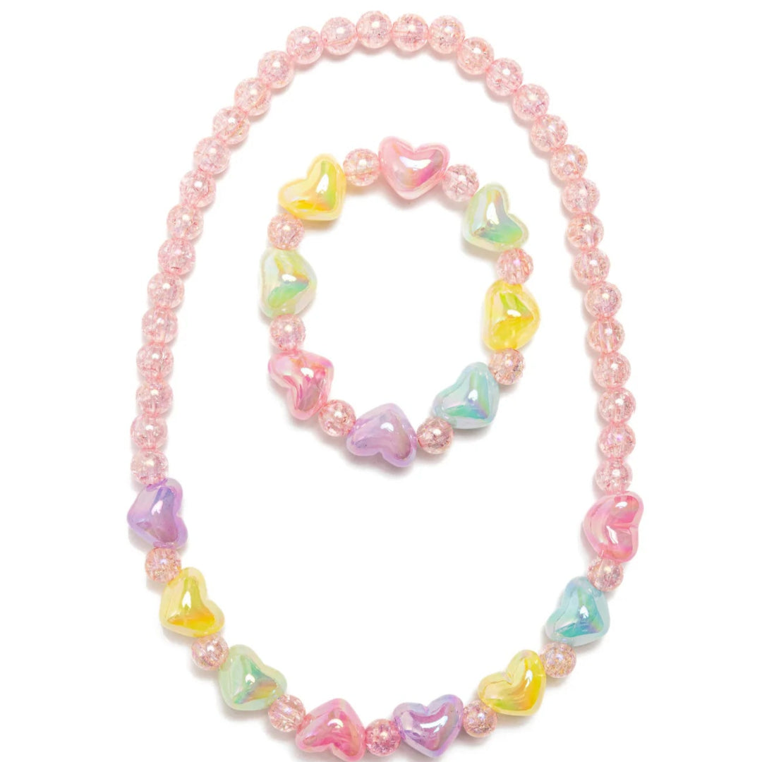 Necklace and matching bracelet set with pastel color beads and heart shaped beads from Great Pretenders