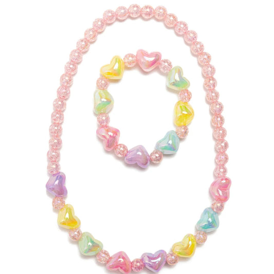 Necklace and matching bracelet set with pastel color beads and heart shaped beads from Great Pretenders