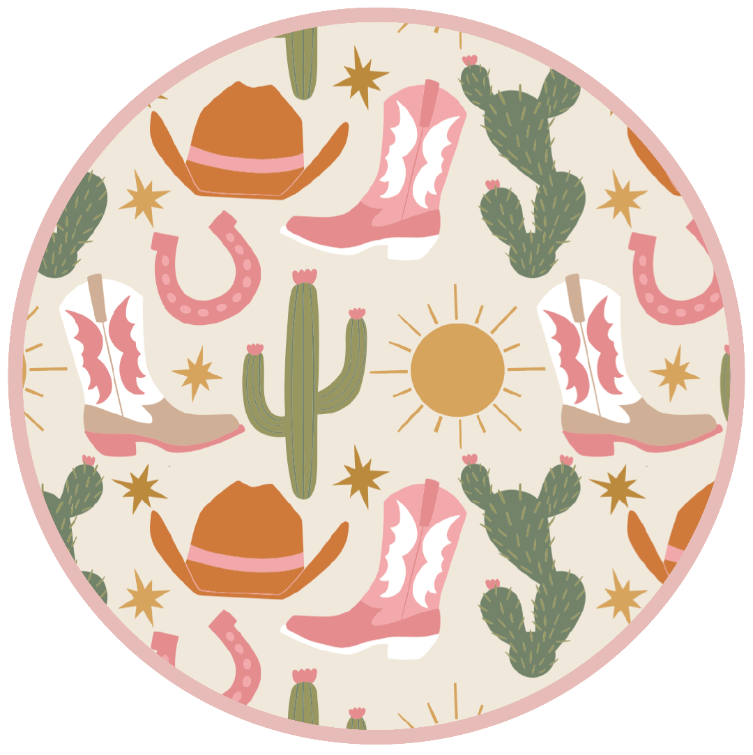 Western styled print with a girly flare. The print features pink cowgirl boots, cowgirl hat, cactus, suns, and horseshoes. 