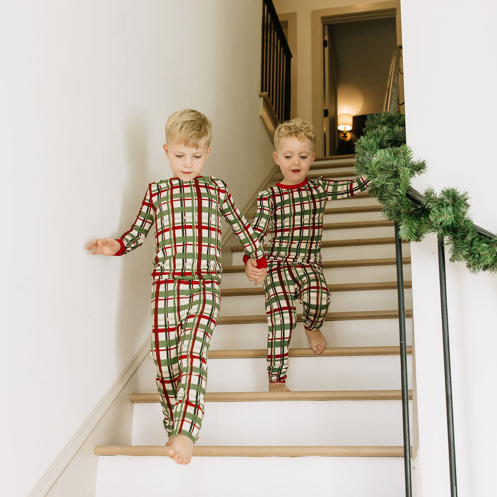 siblings matching in holiday plaid