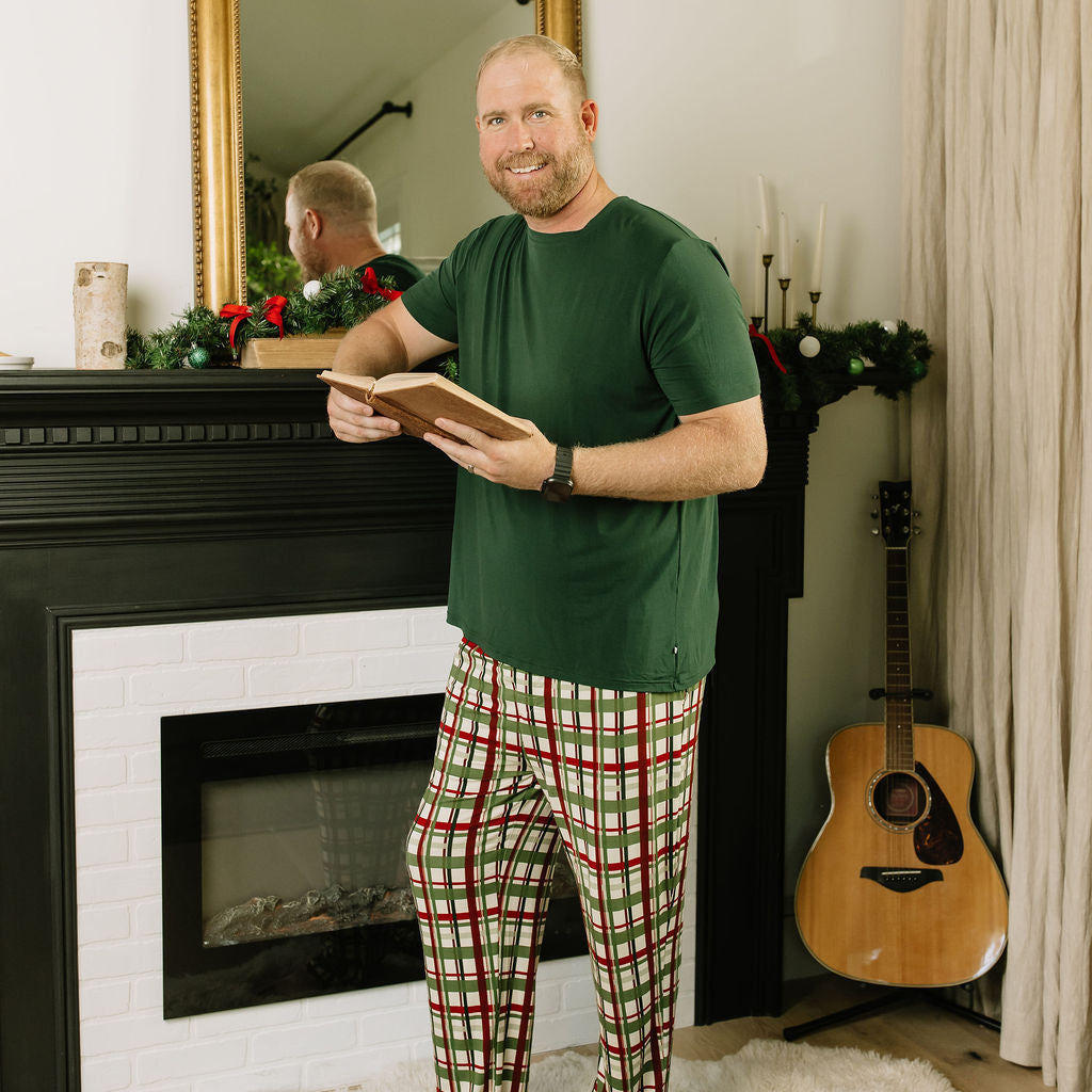 Dad wearing holiday plaid relaxed pants
