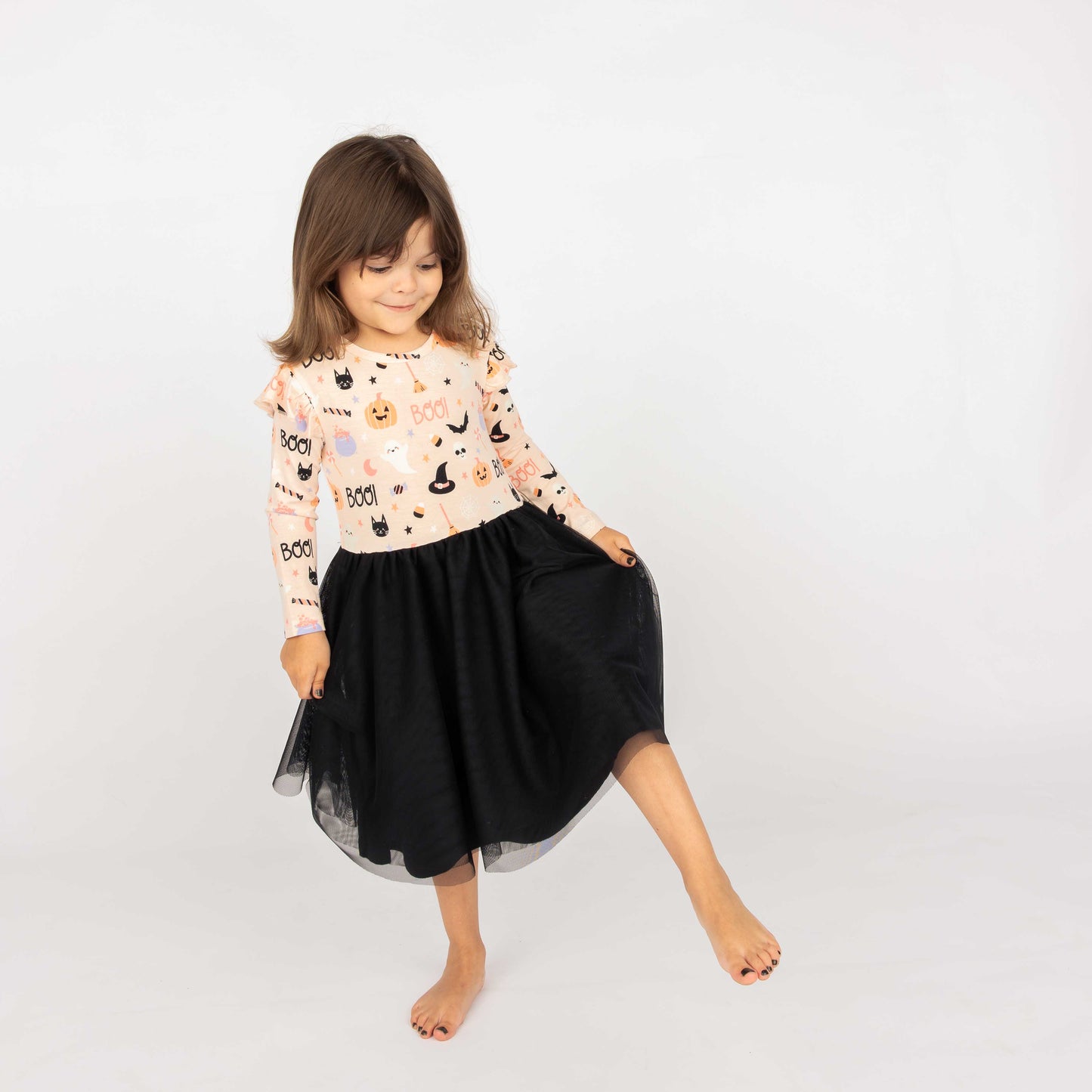 Sweet and Spooky Glow-in-the-Dark Halloween Ruffled Long Sleeve Twirl Dress