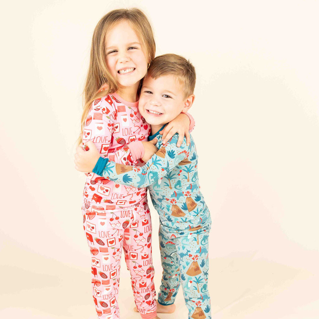 Lovasaurus Valentine's Day Dinosaurs Two-Piece Bamboo Long Sleeve Kids Pajama Pants Set