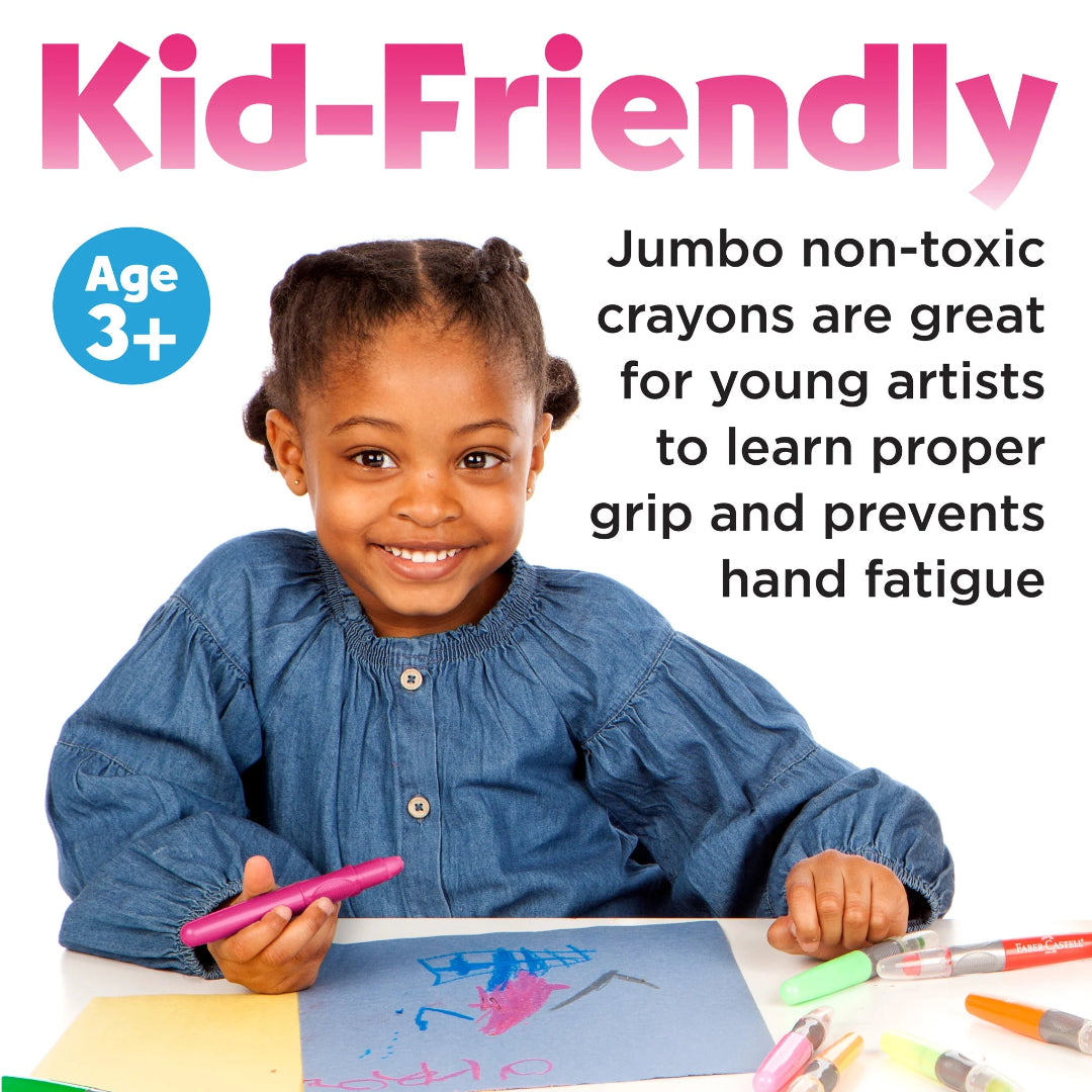 Child with jumbo non-toxic crayons and text about their benefits