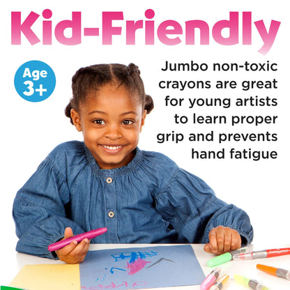 Child with jumbo non-toxic crayons and text about their benefits
