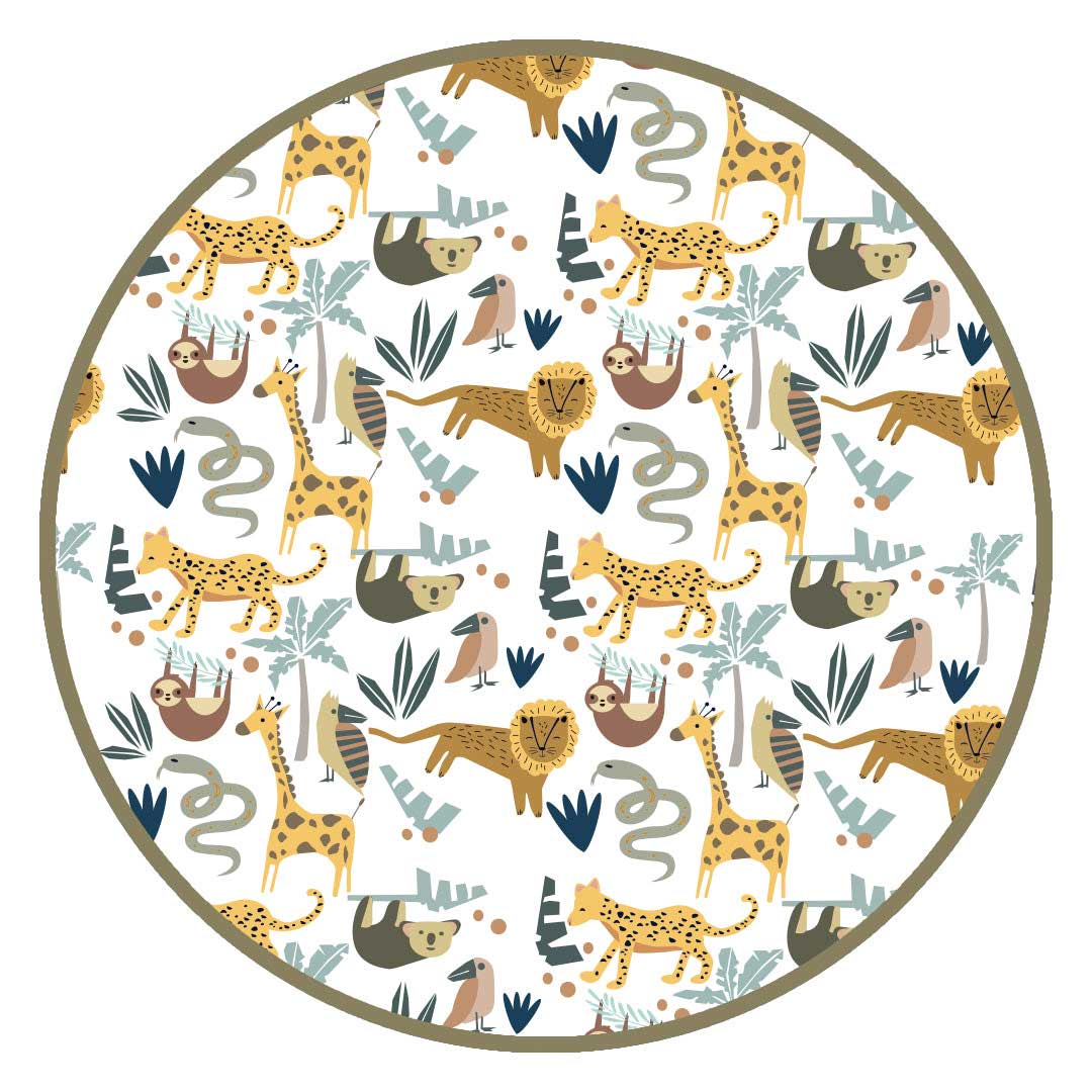 the "jungle friends" print is a mix of jungle animals that include giraffes, lions, cheetahs, sloths, snakes, and forest plants. 