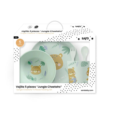 Children's dinner set packaging with jungle cheetah design on a white background
