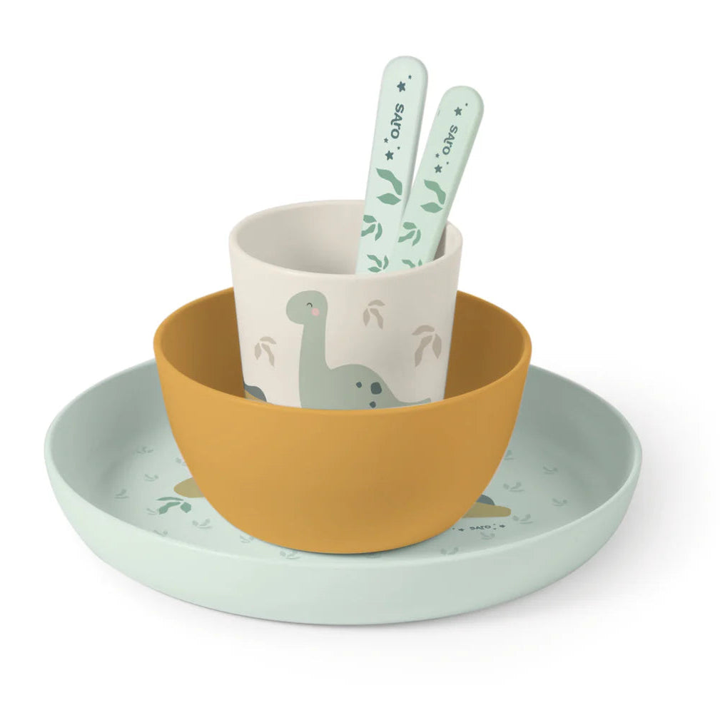 Children's tableware set with bowl, plate, and cups on a white background