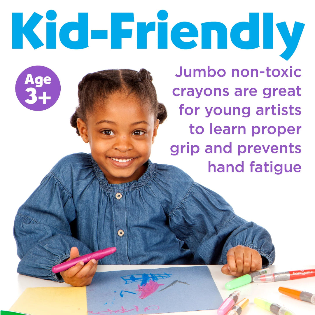 Child holding a pink crayon with text about jumbo non-toxic crayons