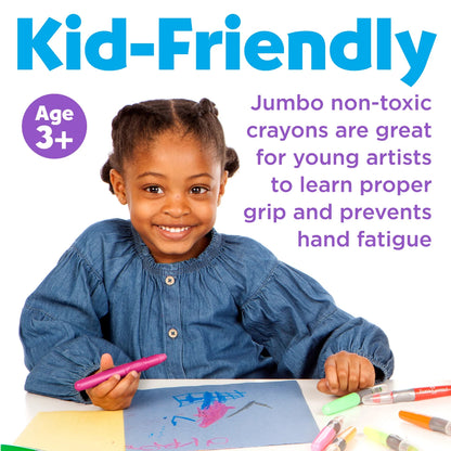 Child holding a pink crayon with text about jumbo non-toxic crayons