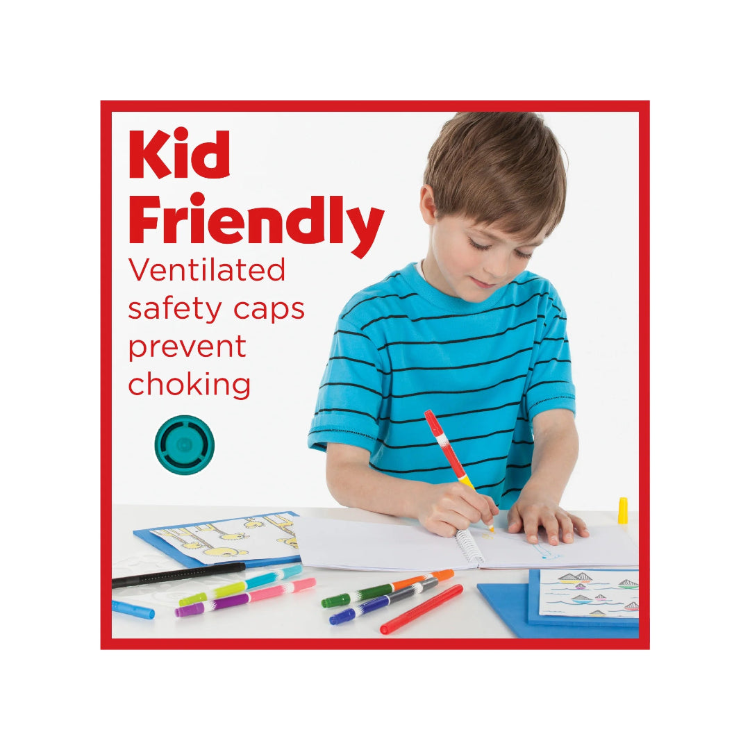 Child coloring with markers on a white background, promoting 'Kid Friendly' product safety.