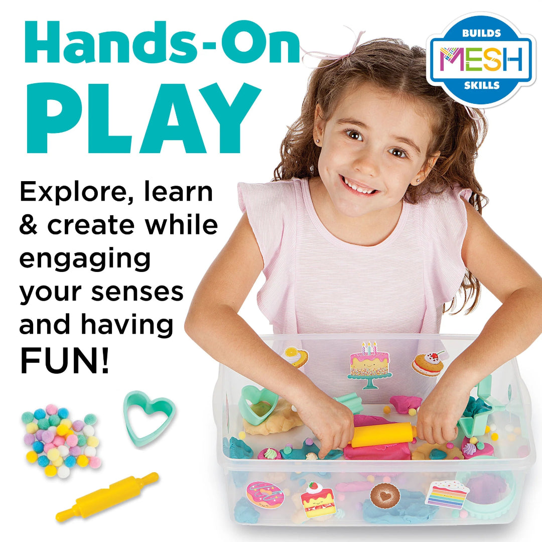 Child playing with a toy set, surrounded by text about hands-on play and mesh skills.