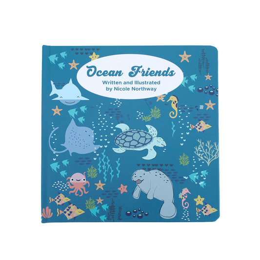 Our Ocean Friends board book. Written and illustrated by Nicole Northway. Blue hard cover with colorful ocean animals