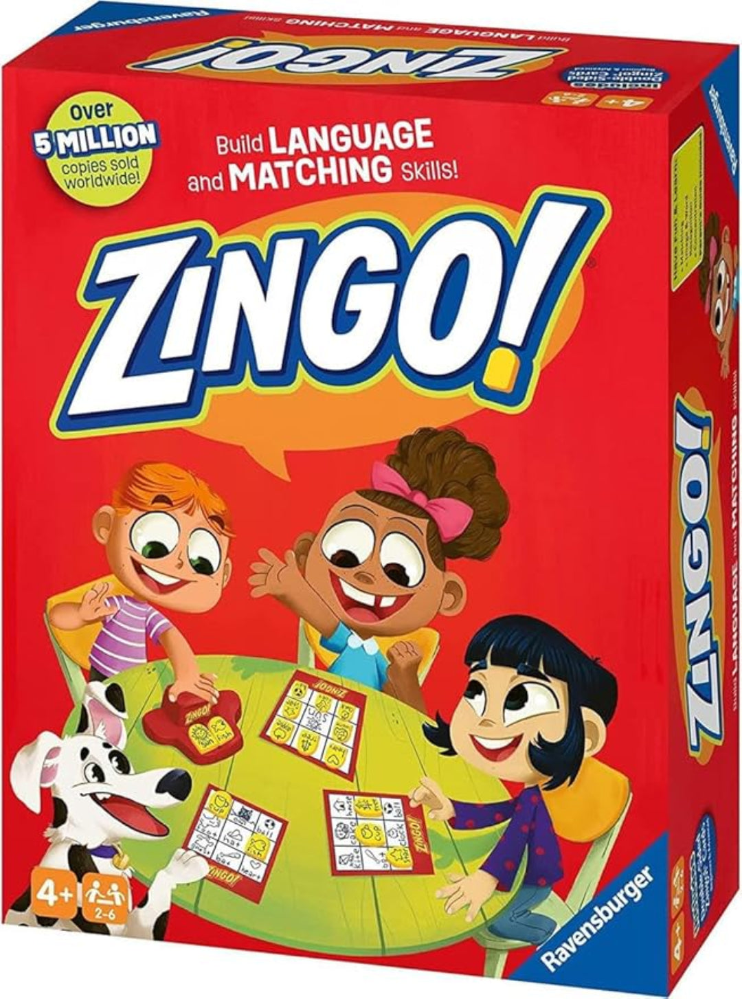 Zingo! game box with children playing and a dog, featuring Ravensburger branding.