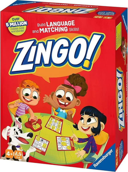 Zingo! game box with children playing and a dog, featuring Ravensburger branding.