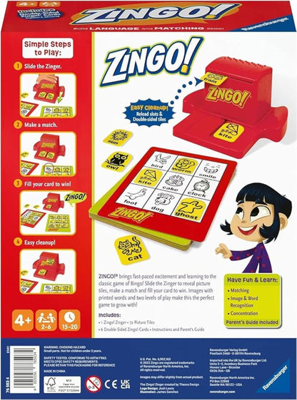 Zingo! game packaging with instructions and illustrations on a blue background