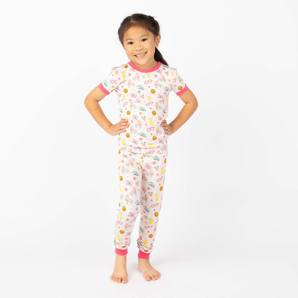 Let the Good Times Roll Roller Skates Two-Piece Bamboo Short Sleeve Kids Pajama Pants Set