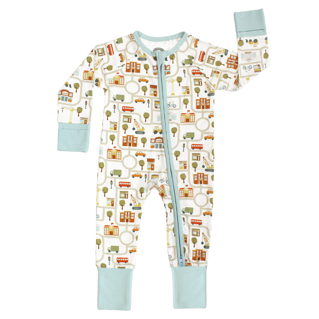 bamboo convertible pajama with cityscape print design.