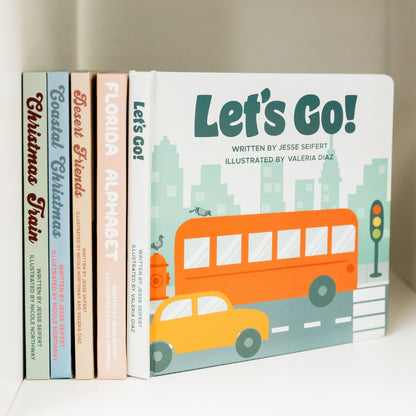 Picture showcase 5 of our har book covers. Emphasizing Let's go illustrated book by Valeria Diaz and written by Jesse Seifert.