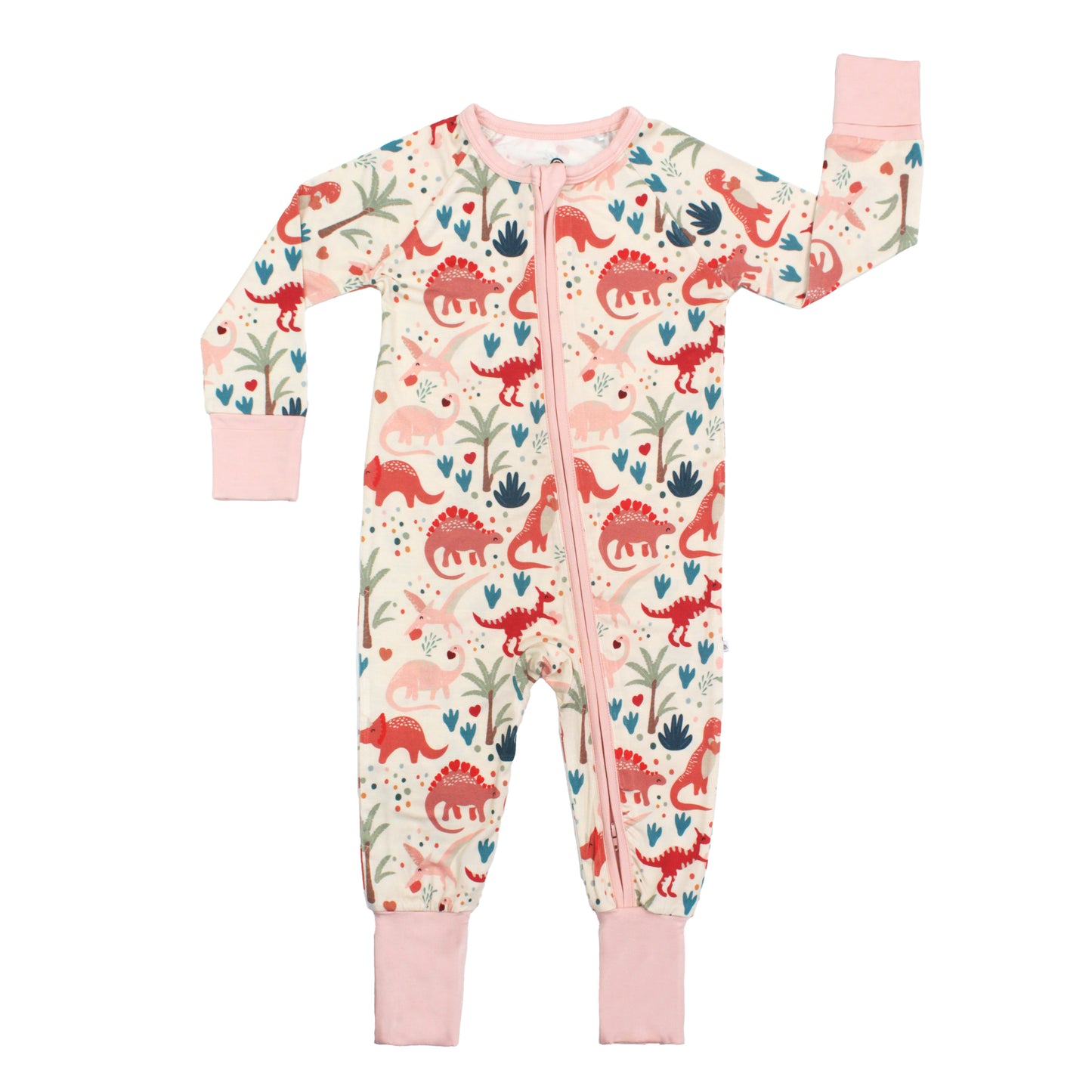 Convertible Bamboo Pajamas with pink dinosaurs and pink hearts. 