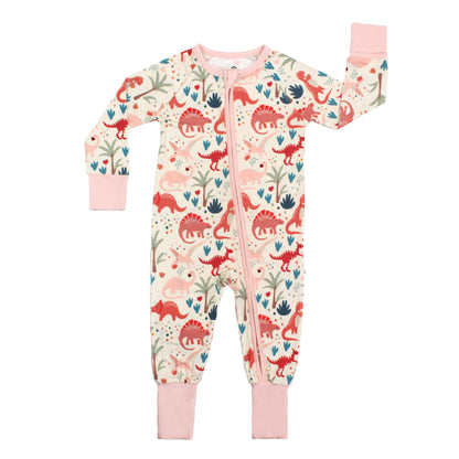 Convertible Bamboo Pajamas with pink dinosaurs and pink hearts. 