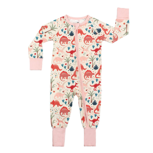 Convertible Bamboo Pajamas with pink dinosaurs and pink hearts. 