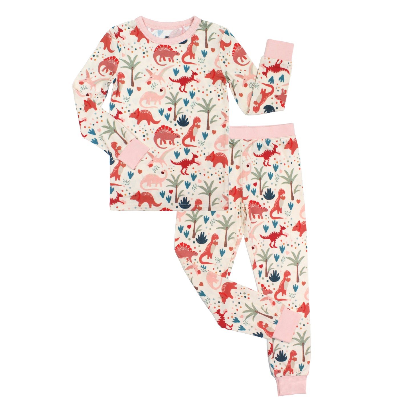 Children's bamboo pajama set with dinosaur pattern on a white background